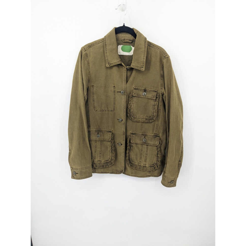Anthropologie Jacket Womens Small‎ Green Military Utility Coat Canvas Ruffle Y2K - Picture 2 of 10